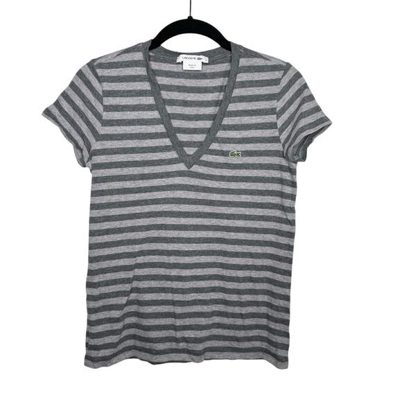 LACOSTE / gray striped short sleeve v-neck t-shirt / 34 (small) - Picture 1 of 7